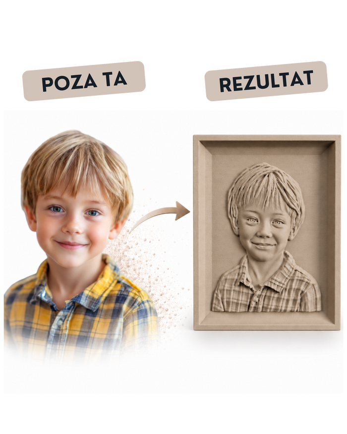 Portret în basorelief personalizat după fotografie – imprimat 3D