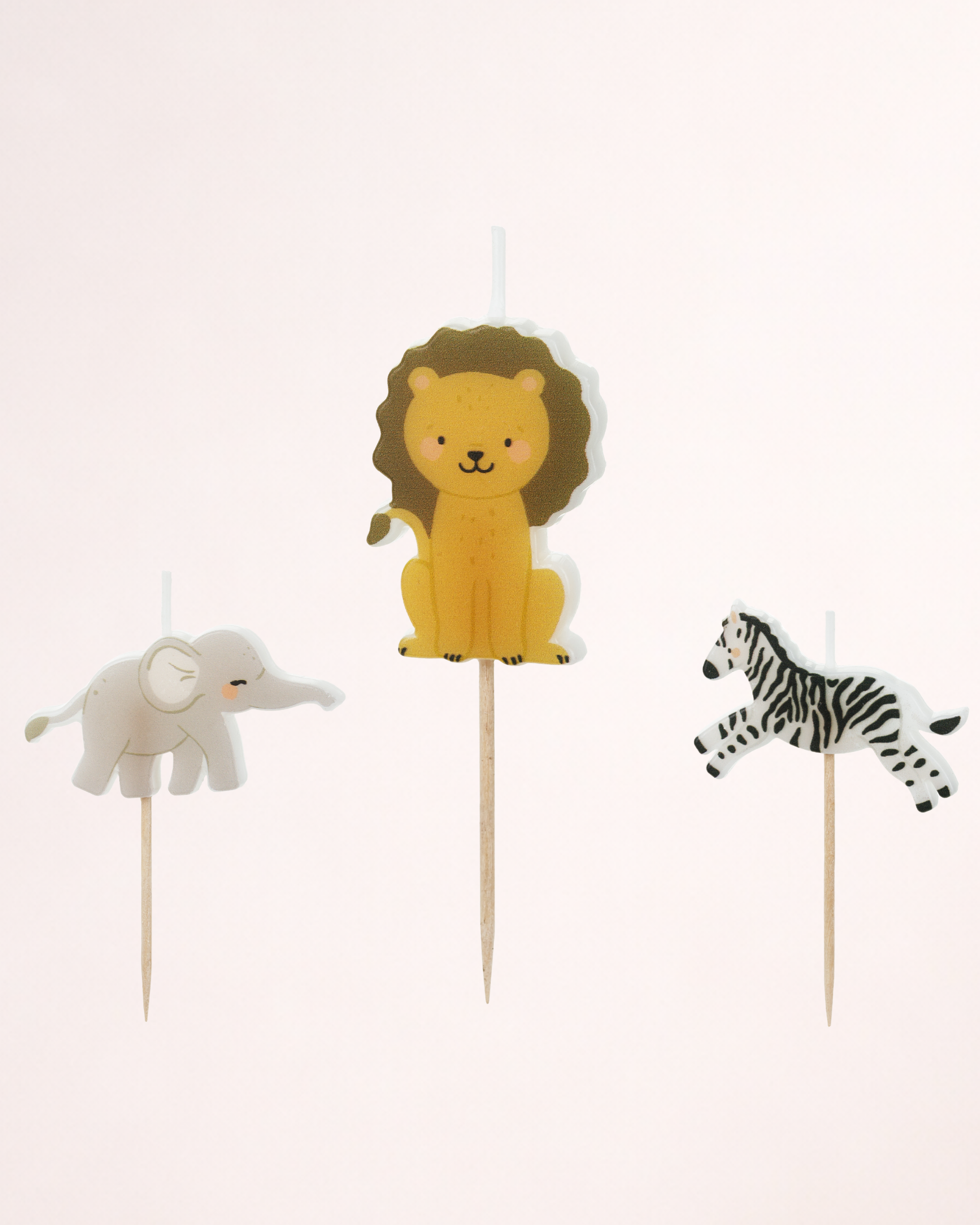 Set 3 lumânări Safari pentru tort – zebră, leu și elefant