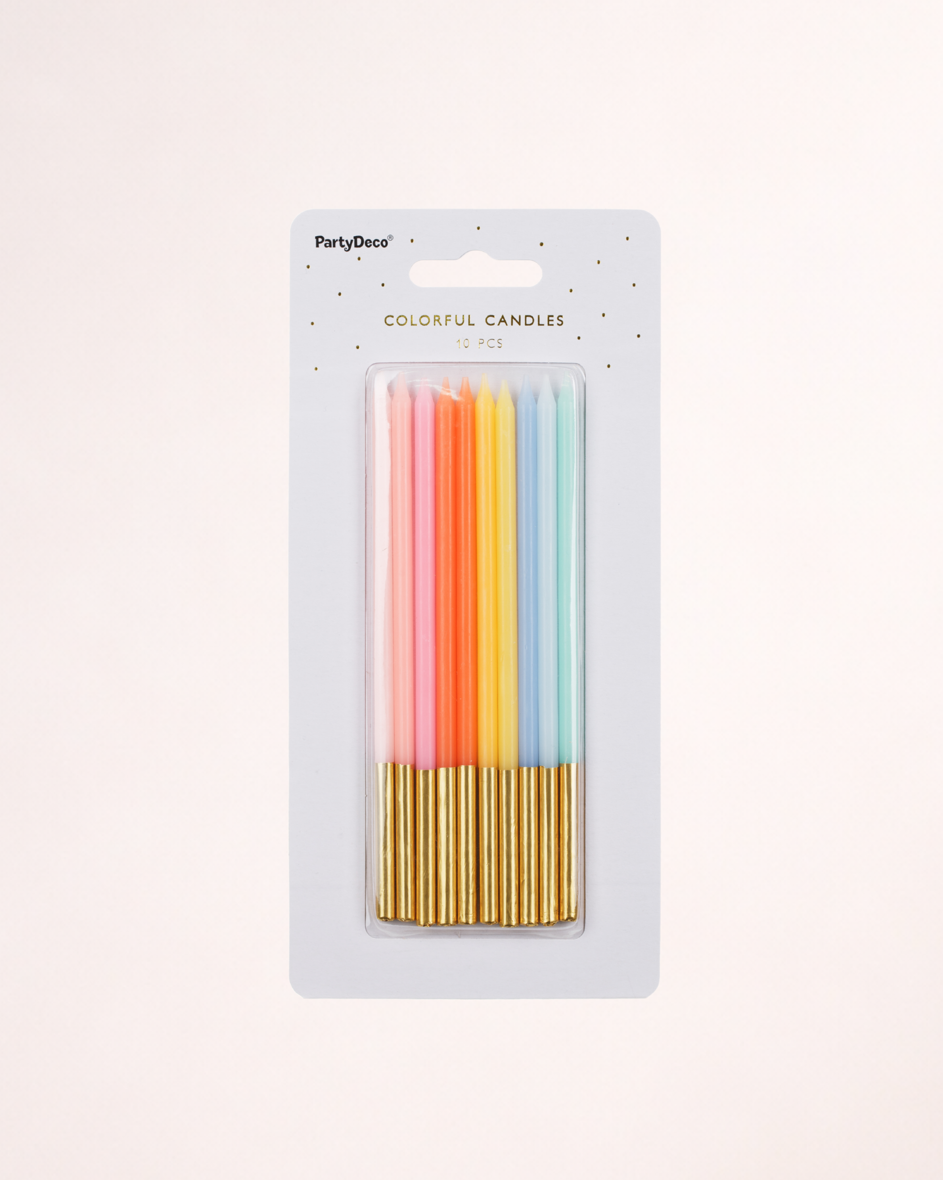 Set 10 lumânări aniversare multicolore cu suport auriu