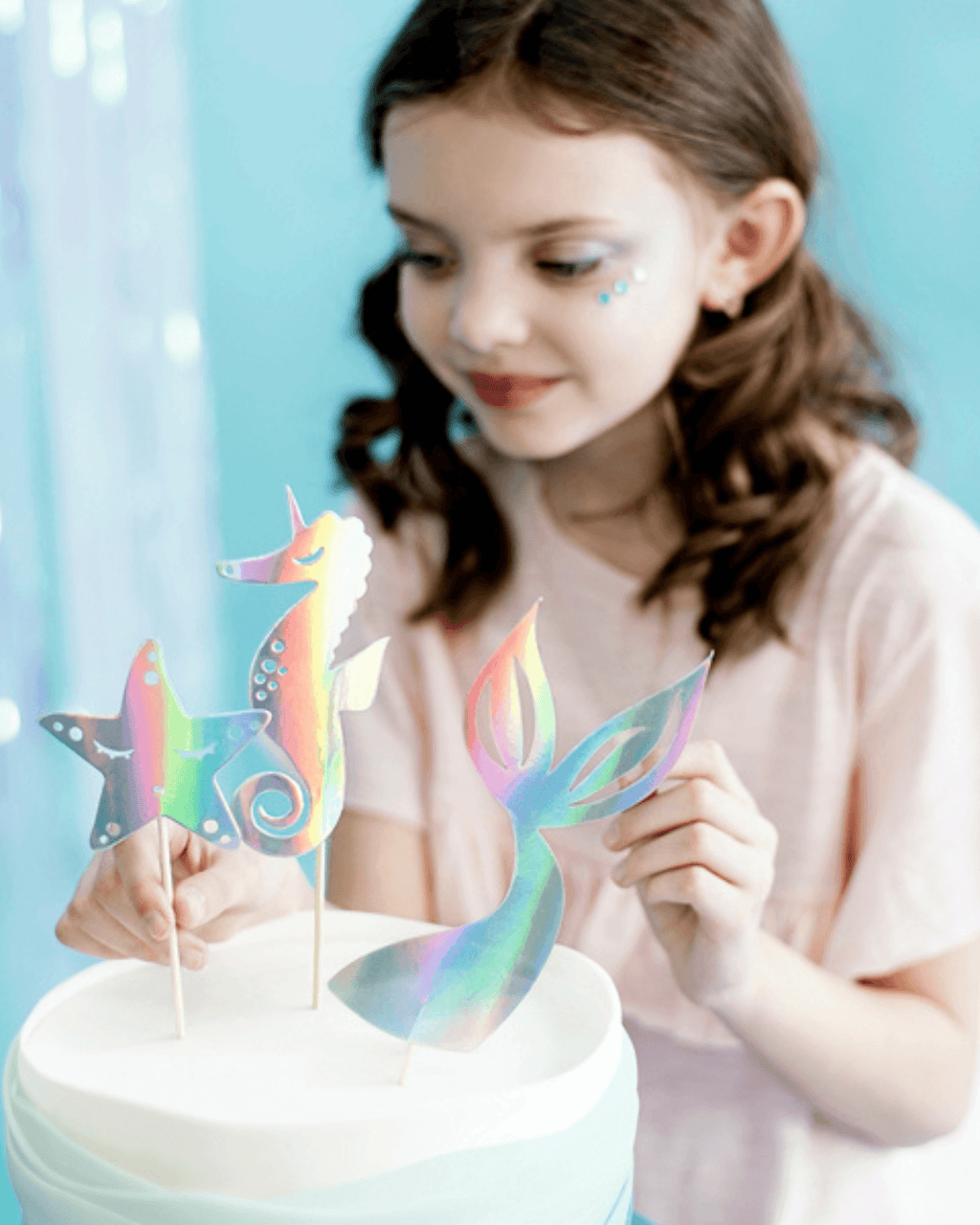 Set de 3 toppere iridescente pentru tort – Sirenă