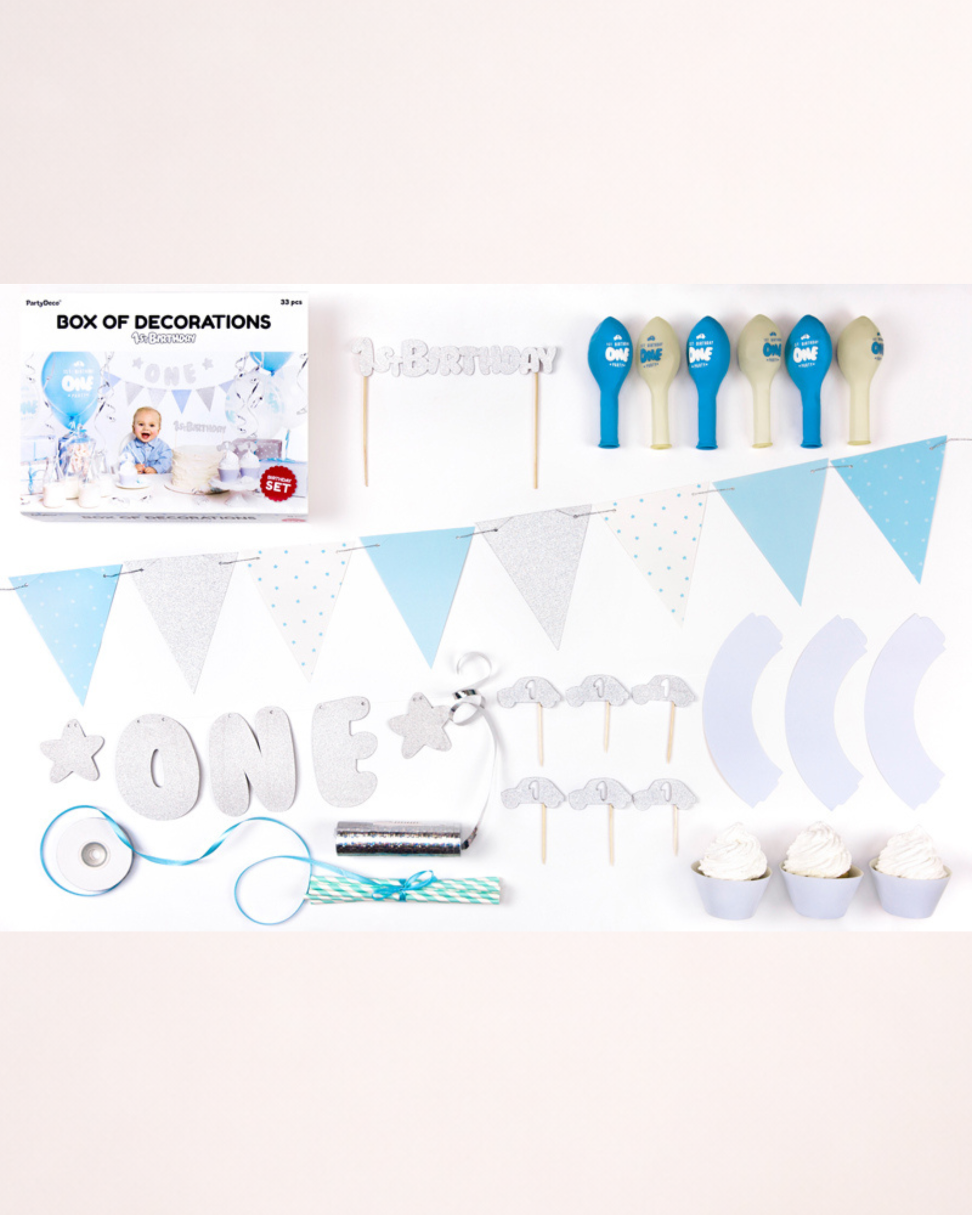 Set de decorațiuni pentru prima aniversare – argintiu și bleu