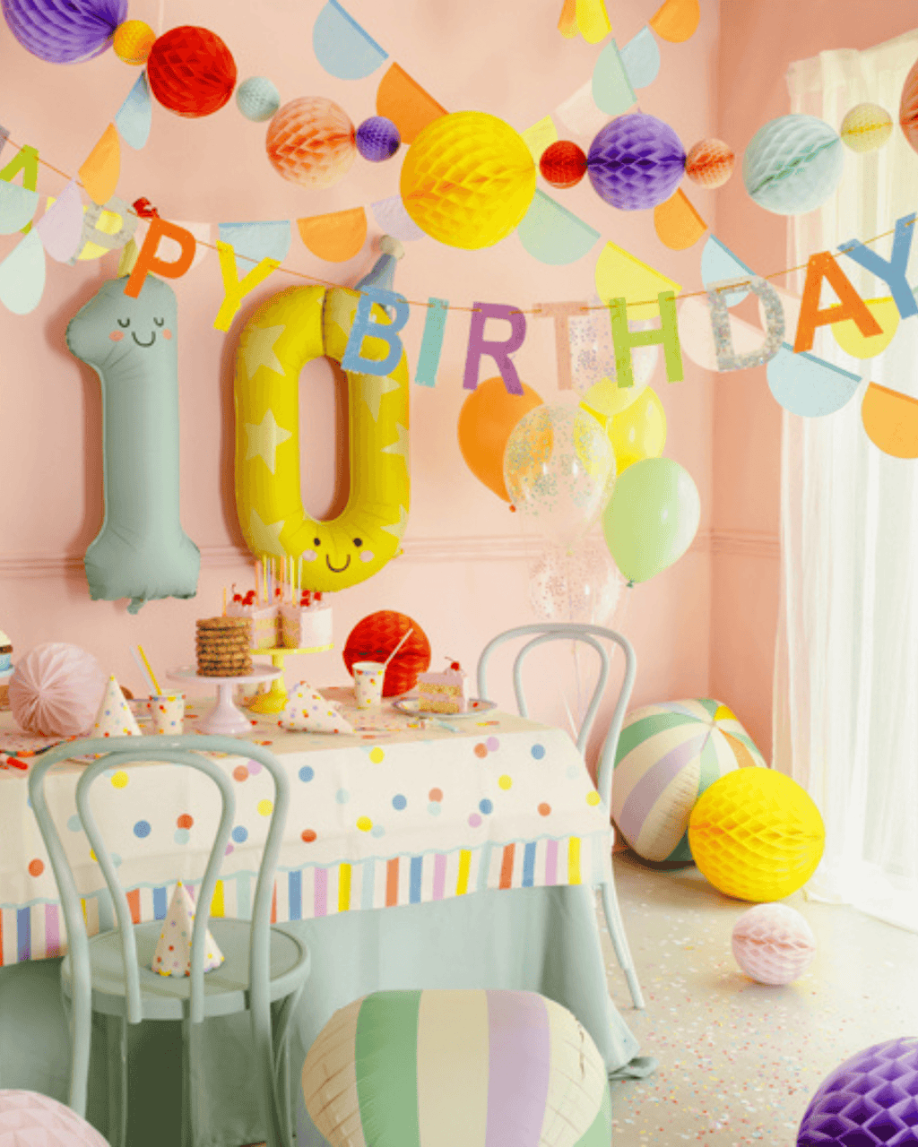 Banner multicolor „Happy Birthday” cu ciucuri