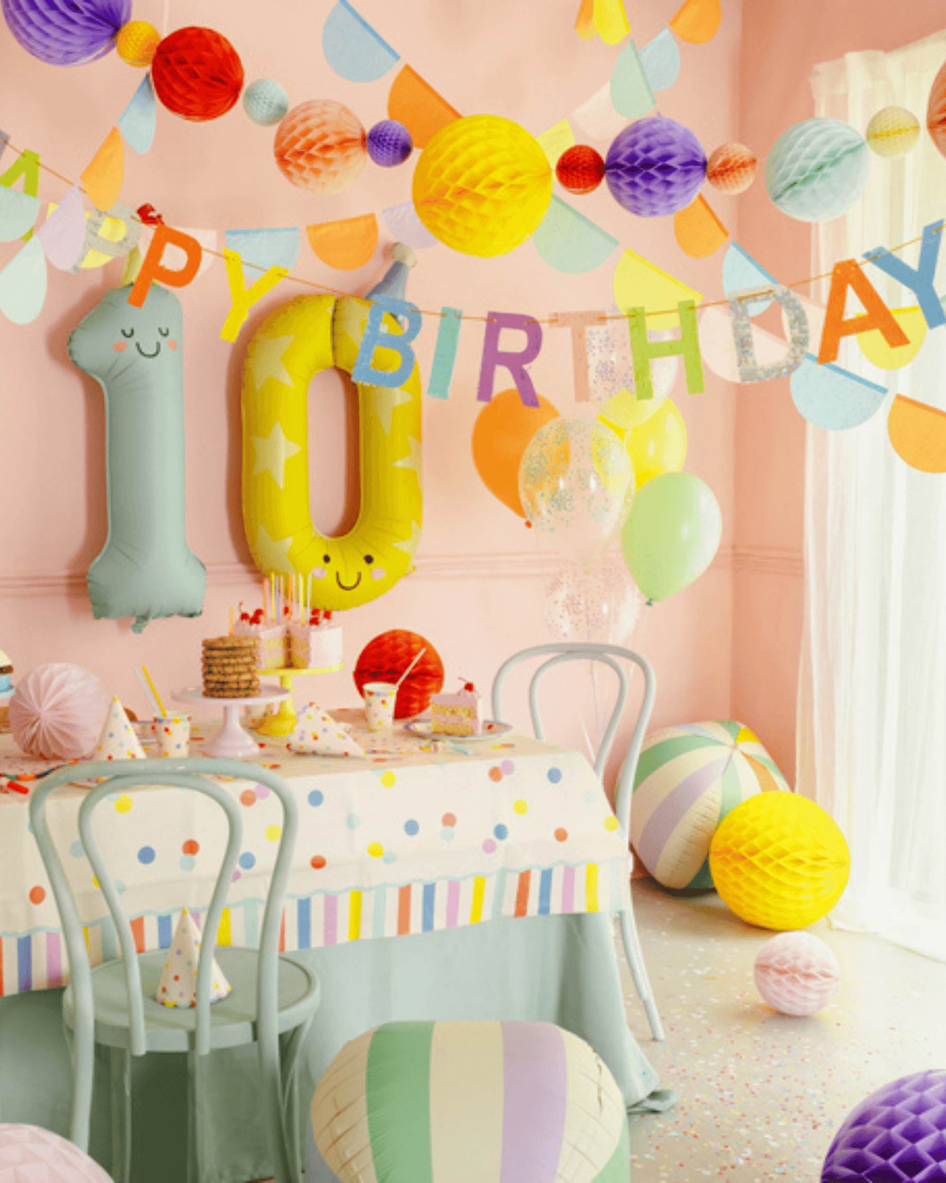 Banner multicolor „Happy Birthday” cu ciucuri