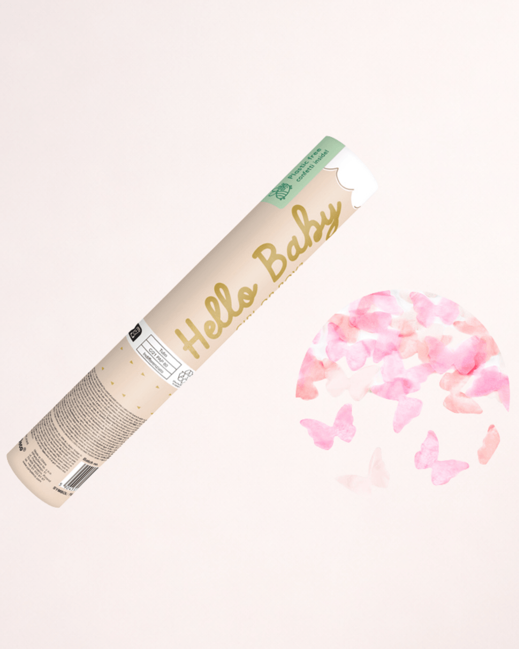 Tun cu confetti „Hello Baby” pentru Gender Reveal – fluturași roz, 20 cm