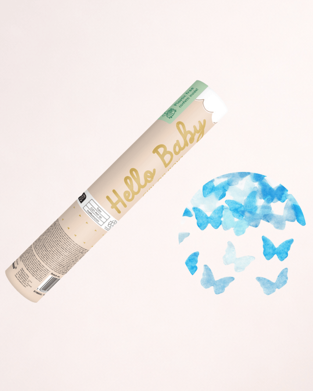 Tun cu confetti „Hello Baby” pentru Gender Reveal – fluturași albaștri, 20 cm