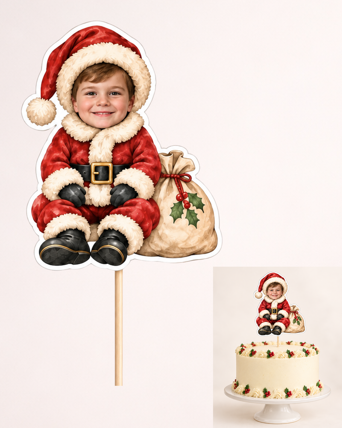 Topper din pastă de zahăr - personaj de Crăciun cu chipul copilului