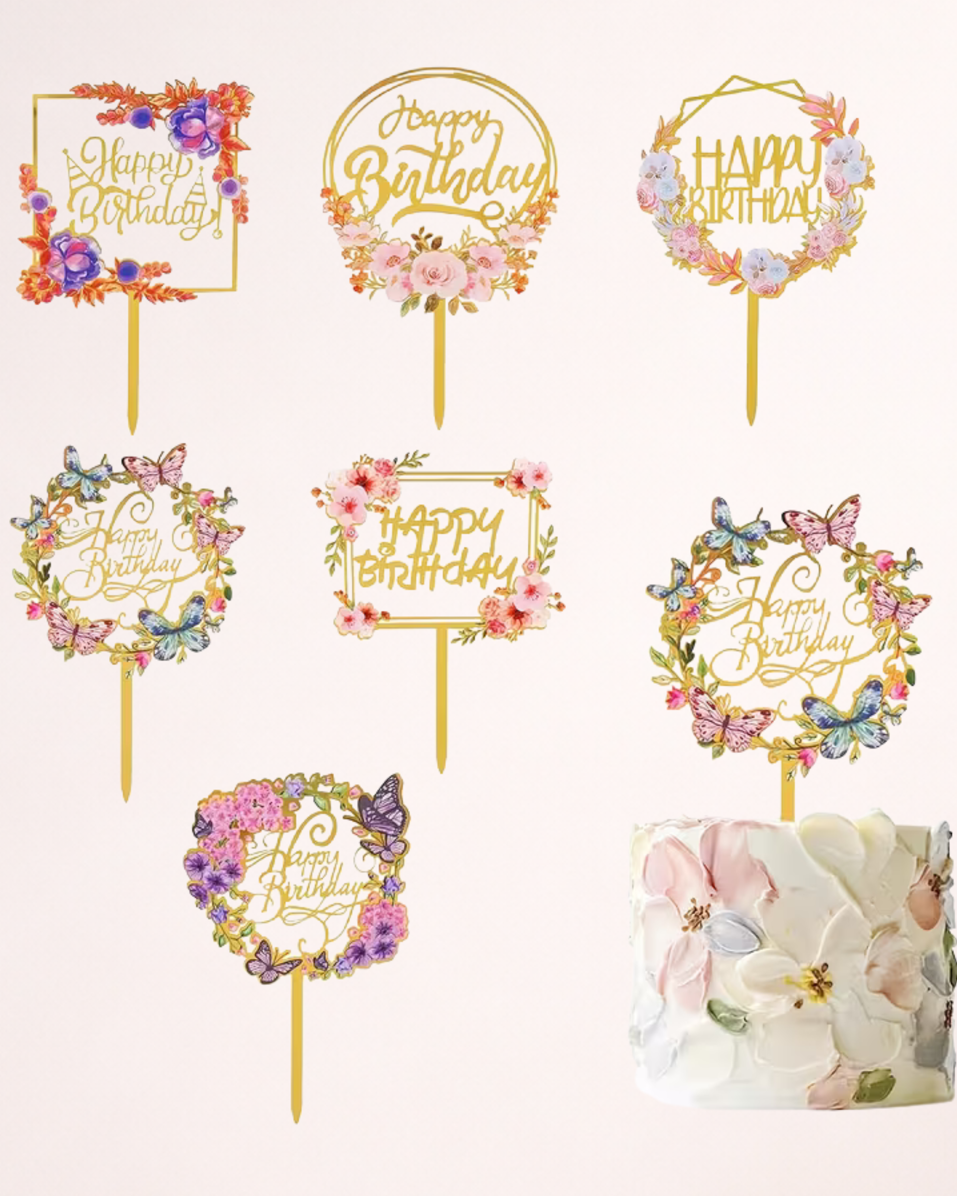 Topper Tort "Happy Birthday" cu Flori și Fluturi