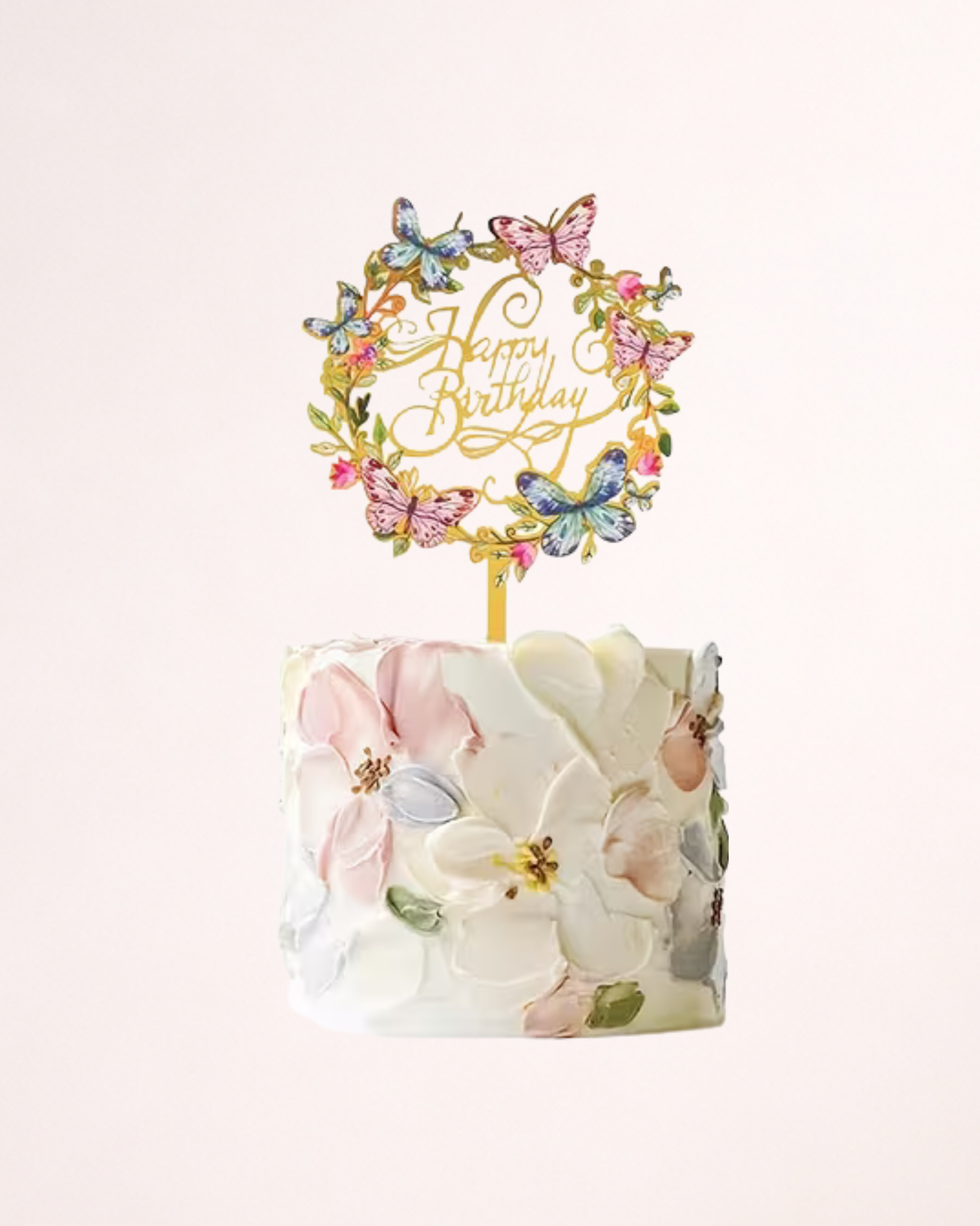 Topper Tort "Happy Birthday" cu Flori și Fluturi
