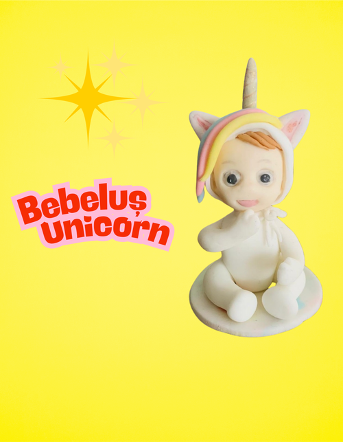 Figurină tort în formă de Bebeluș unicorn, realizată manual din pastă de zahăr