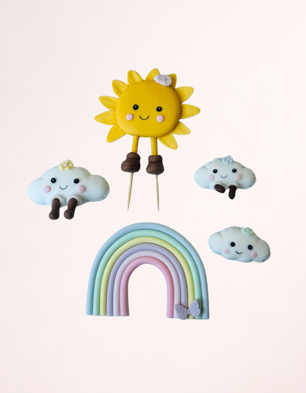 Set de figurine pentru tort din pasta de zahar in forma de soare, curcubeu si nori