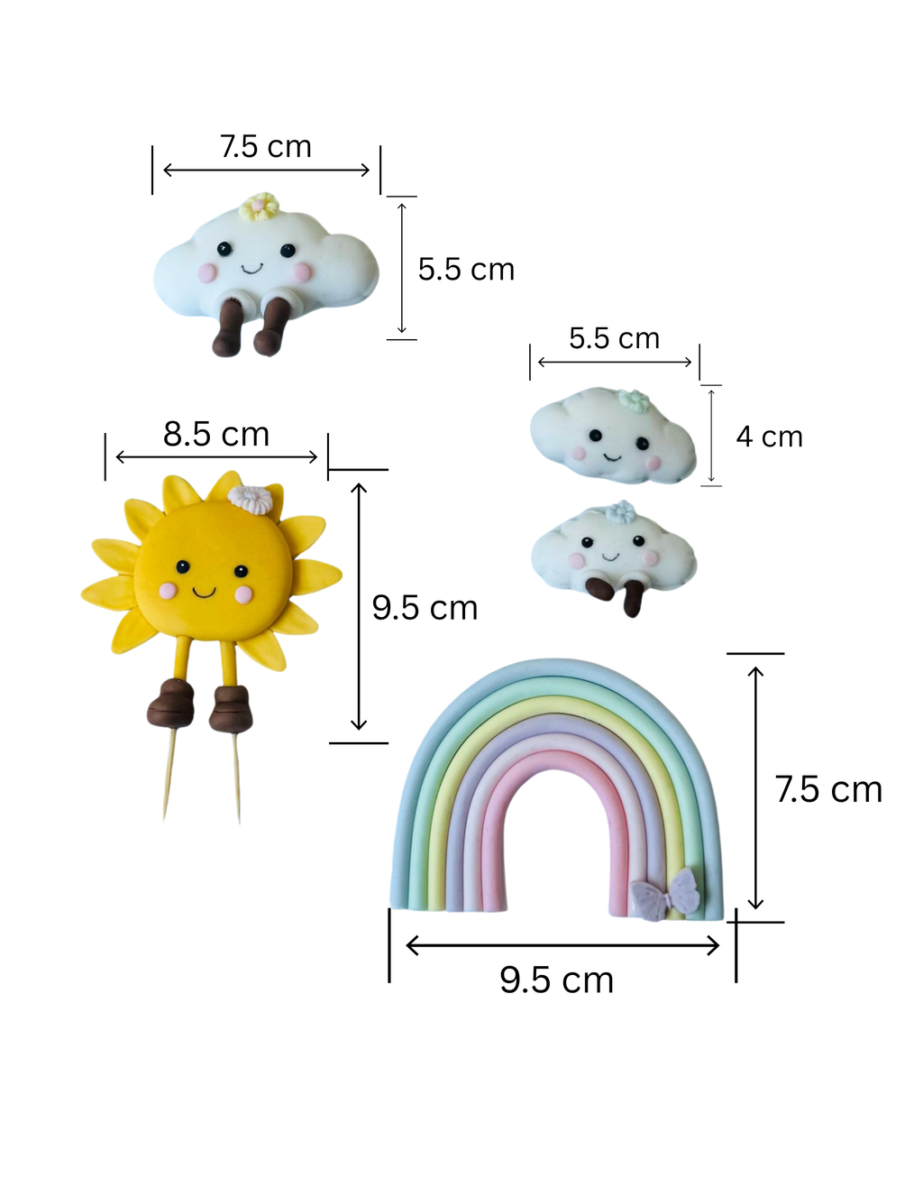 Set de figurine pentru tort din pasta de zahar in forma de soare, curcubeu si nori