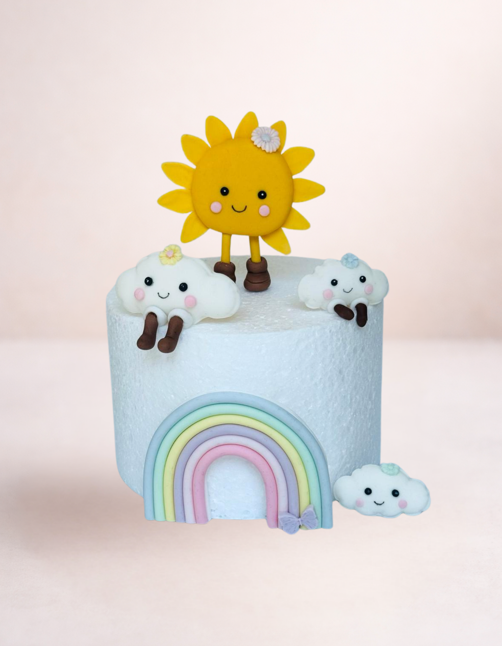 Set de figurine pentru tort din pasta de zahar in forma de soare, curcubeu si nori