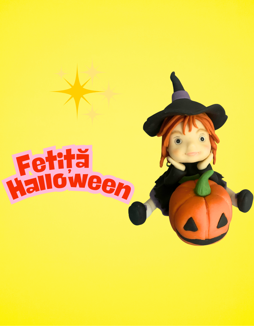 Figurină tort în formă de Fetiță Halloween, realizată manual din pastă de zahăr