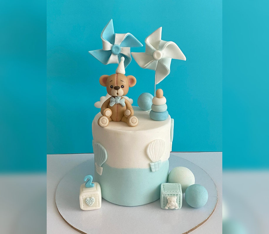 Set figurine pentru tort in forma de Ursulet baietel albastru