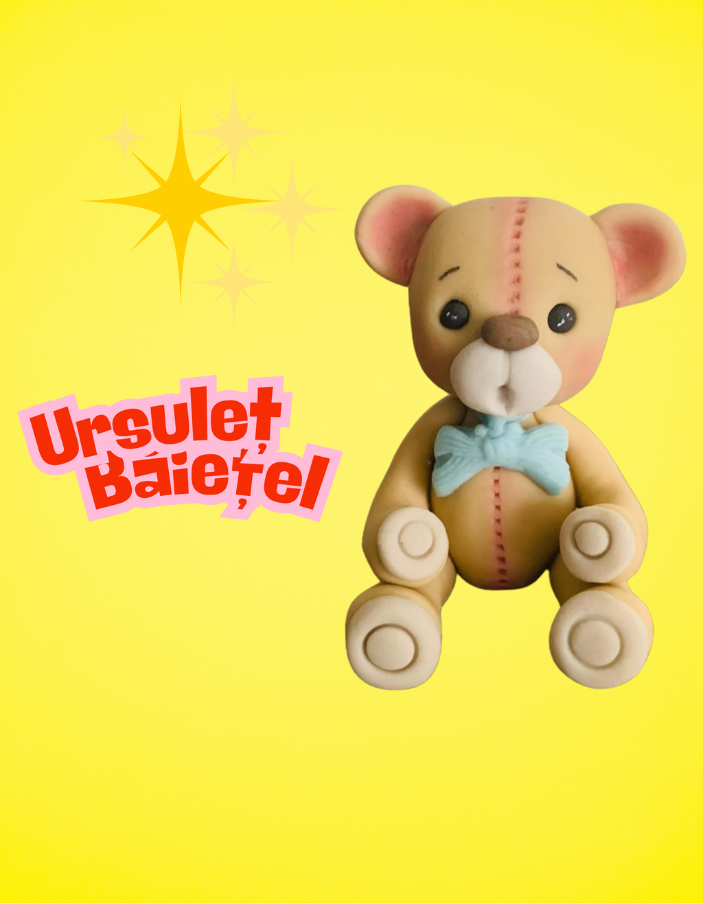 Figurină tort în formă de ursuleț băiețel albastru, realizată manual din pastă de zahăr