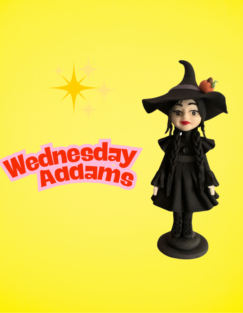 Figurină tort în formă de Wednesday Addams Halloween, realizată manual din pastă de zahăr